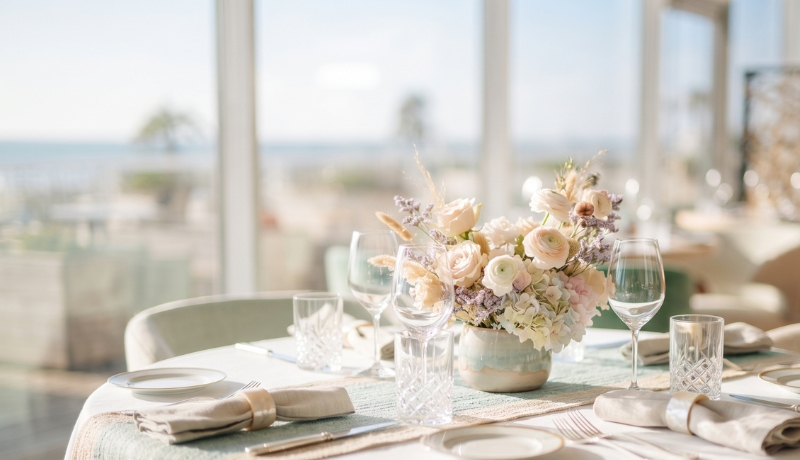 Table élégante dressée pour un déjeuner de baptême ou de communion à l'Hôtel de la Baie Prévithal