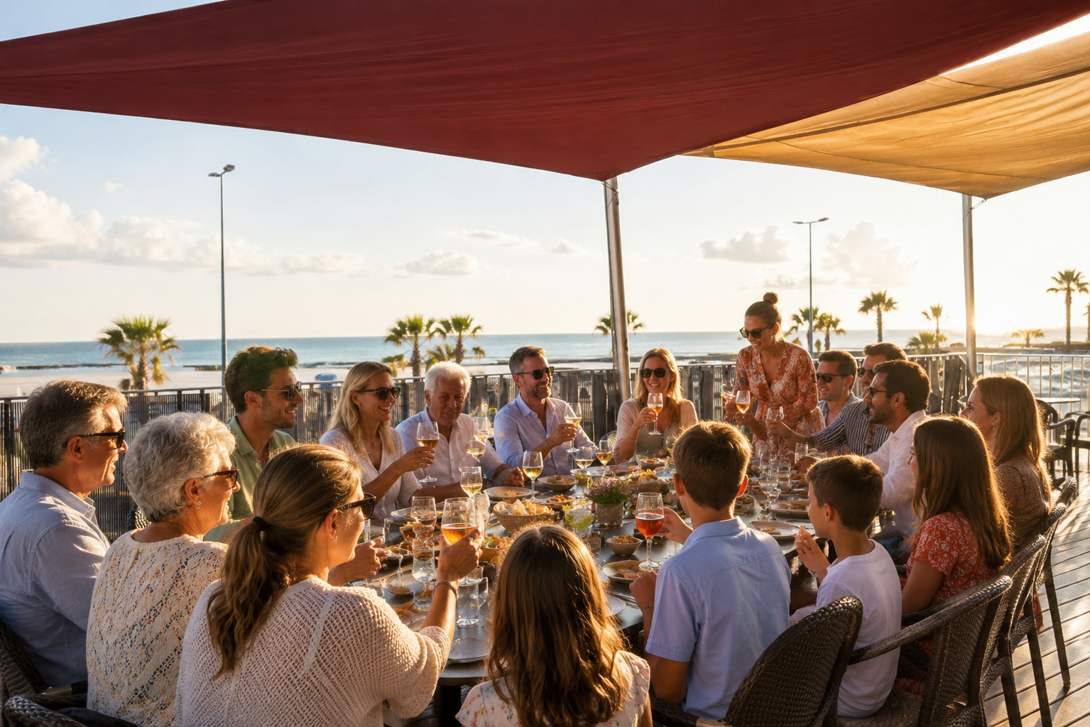 Grand repas de famille et de retrouvailles sur la terasse du restaurant Le Sound en Normandie