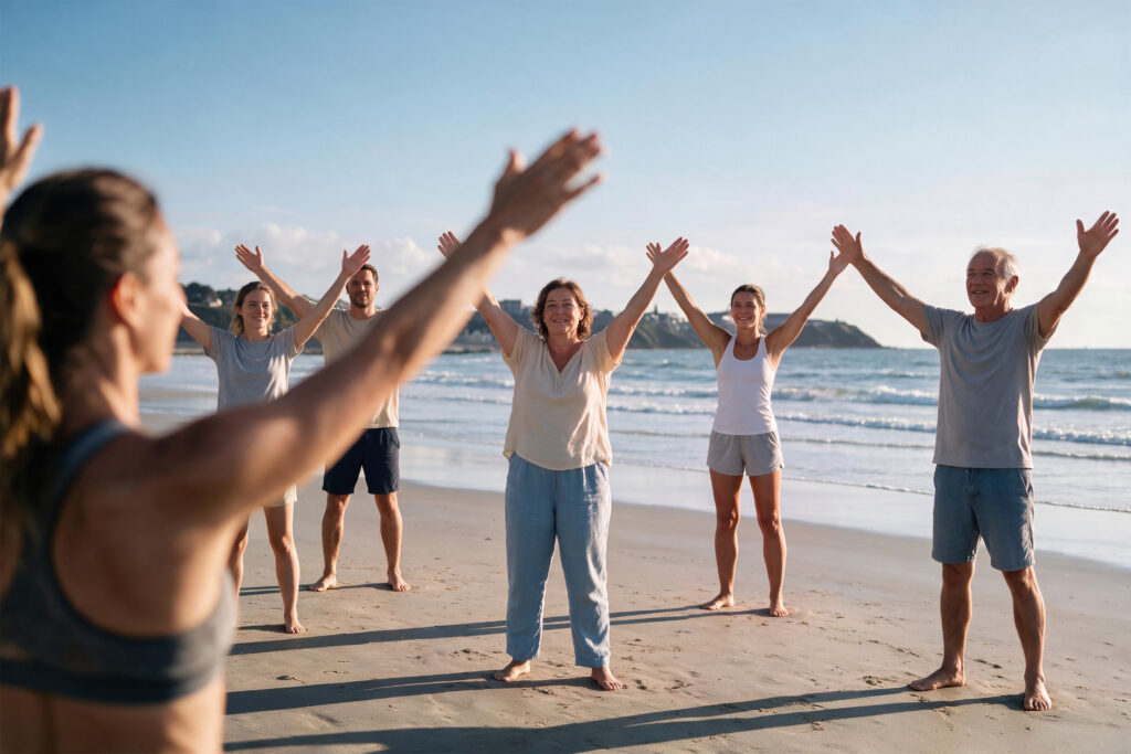 Groupe réalisant un réveil musculaire à la plage devant prévithal encadré par une coach prévithal